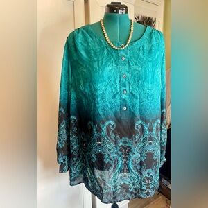 Jones New York Blue Buttoned 3/4 Sleeve Blouse Plus Size